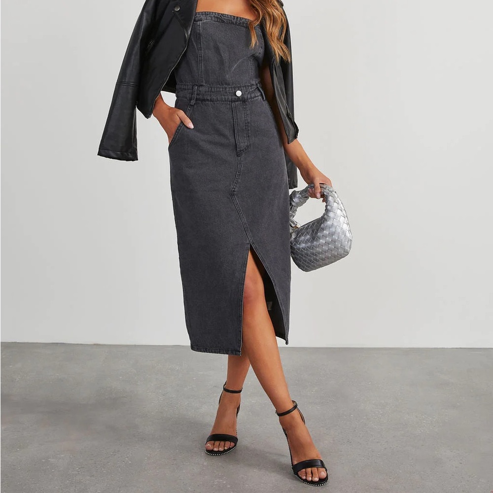 NWT!! Vintage Black Tube Denim Detailed Front Slit Midi Dress🤠 - Picture 11 of 12
